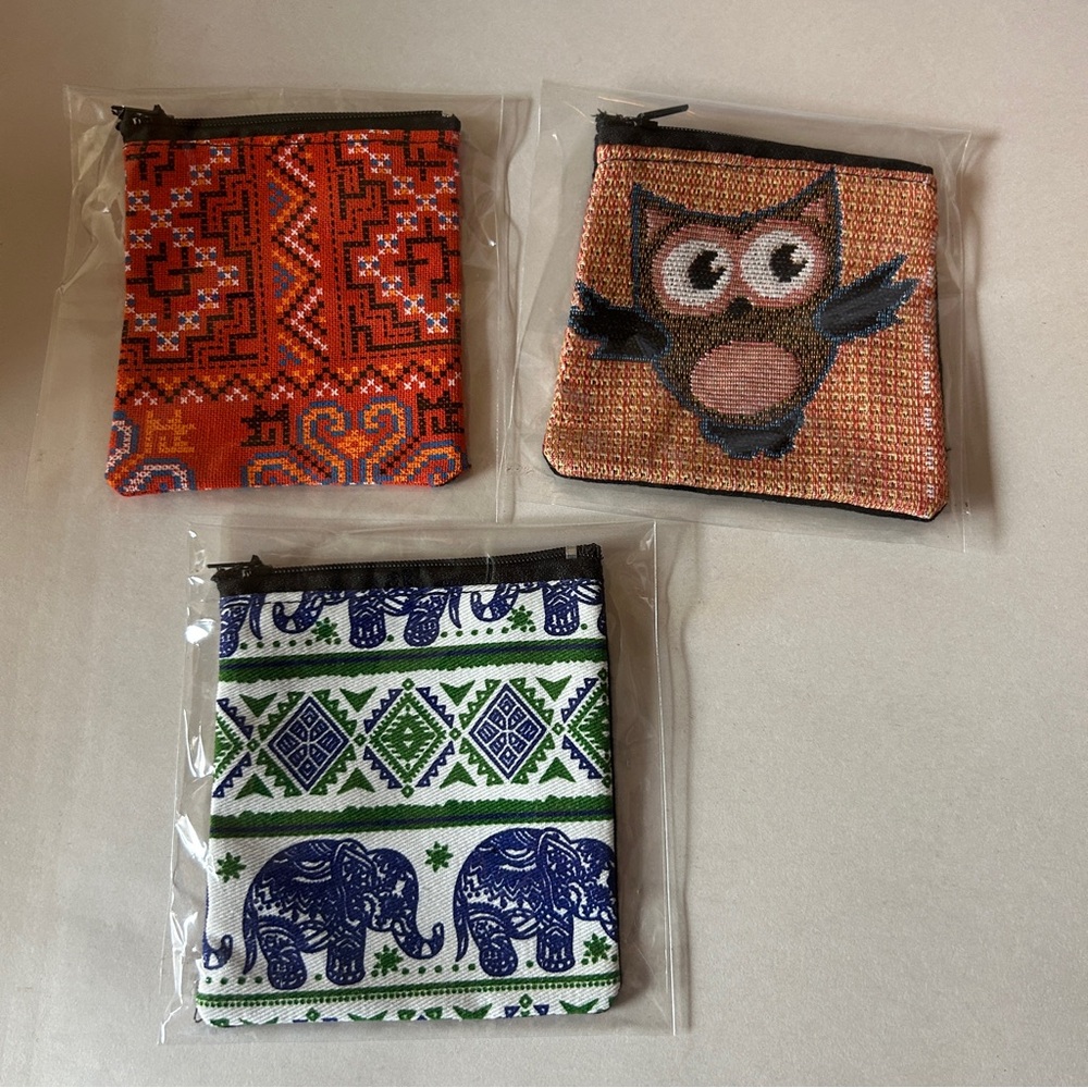 Set of Three Patterned Coin Pouches NIB handmade elephant owls geometric